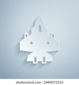 Paper cut Jet fighter icon isolated on grey background. Military aircraft. Paper art style. Vector
