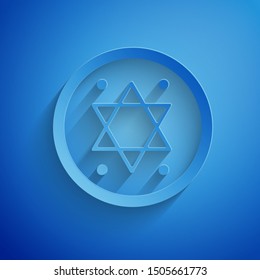 Paper cut Jewish coin icon isolated on blue background. Currency symbol. Paper art style. Vector Illustration