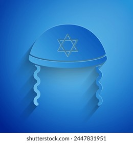 Paper cut Jewish kippah with star of david and sidelocks icon isolated on blue background. Jewish yarmulke hat. Paper art style. Vector