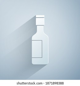 Paper cut Jewish wine bottle icon isolated on grey background. Paper art style. Vector