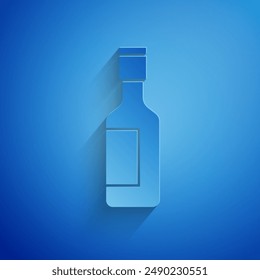 Paper cut Jewish wine bottle icon isolated on blue background. Paper art style. Vector