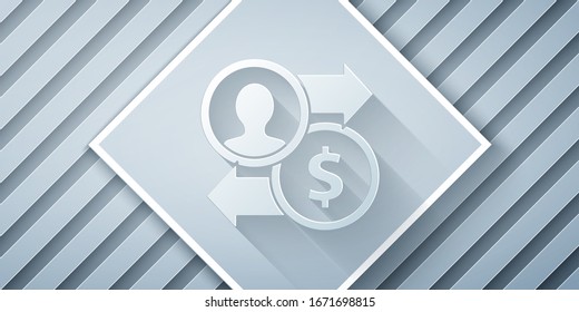 Paper cut Job promotion exchange money icon isolated on grey background. Success, achievement, motivation business symbol, growth. Paper art style. Vector Illustration
