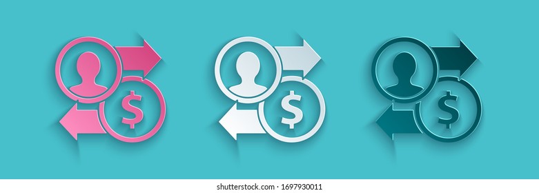 Paper cut Job promotion exchange money icon isolated on blue background. Success, achievement, motivation business symbol, growth. Paper art style. Vector Illustration