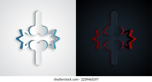 Paper cut Joint pain, knee pain icon isolated on grey and black background. Orthopedic medical. Disease of the joints and bones, arthritis. Paper art style. Vector