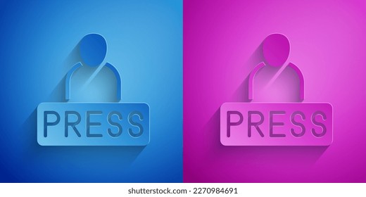 Paper cut Journalist news reporter icon isolated on blue and purple background. Paper art style. Vector
