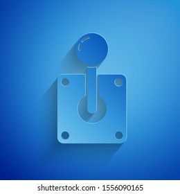 Paper cut Joystick for arcade machine icon isolated on blue background. Joystick gamepad. Paper art style. Vector Illustration