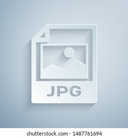 Paper cut JPG file document. Download image button icon isolated on grey background. JPG file symbol. Paper art style. Vector Illustration