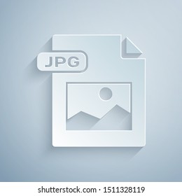 Paper cut JPG file document. Download image button icon isolated on grey background. JPG file symbol. Paper art style. Vector Illustration