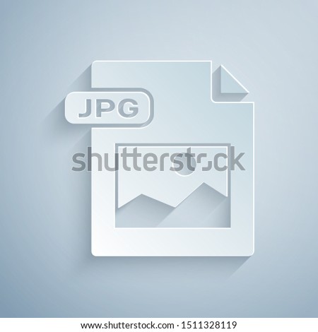 Paper cut JPG file document. Download image button icon isolated on grey background. JPG file symbol. Paper art style. Vector Illustration