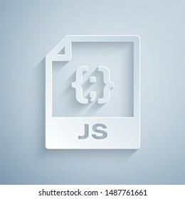 Paper cut JS file document. Download js button icon isolated on grey background. JS file symbol. Paper art style. Vector Illustration
