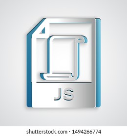 Paper cut JS file document. Download js button icon isolated on grey background. JS file symbol. Paper art style. Vector Illustration