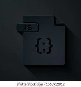 Paper cut JS file document. Download js button icon isolated on black background. JS file symbol. Paper art style. Vector Illustration
