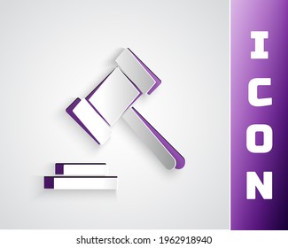 Paper cut Judge gavel icon isolated on grey background. Gavel for adjudication of sentences and bills, court, justice. Auction hammer. Paper art style. Vector