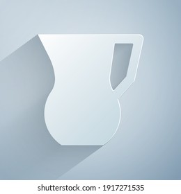 Paper cut Jug glass with water icon isolated on grey background. Kettle for water. Glass decanter with drinking water. Paper art style. Vector