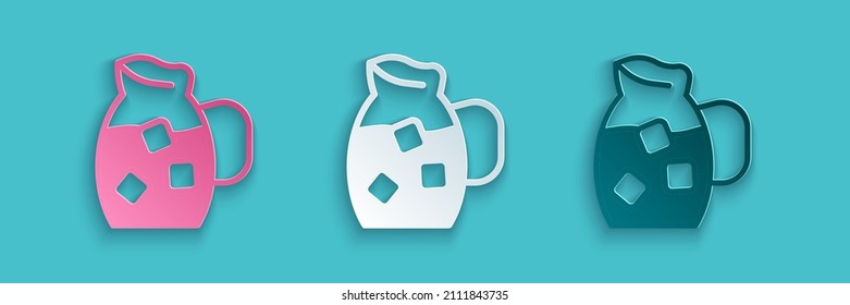 Paper cut Jug glass with water icon isolated on blue background. Kettle for water. Glass decanter with drinking water. Paper art style. Vector