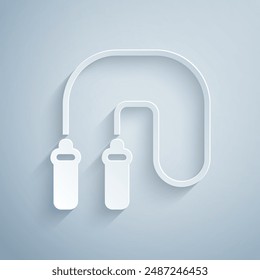 Paper cut Jump rope icon isolated on grey background. Skipping rope. Sport equipment. Paper art style. Vector