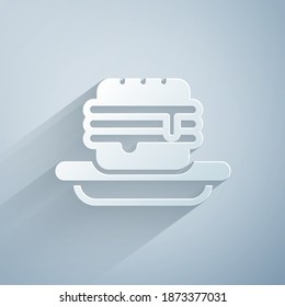 Paper cut Junk food icon isolated on grey background. Prohibited hot dog. No Fast food sign. Paper art style. Vector