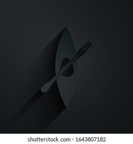 Paper cut Kayak and paddle icon isolated on black background. Kayak and canoe for fishing and tourism. Outdoor activities. Paper art style. Vector Illustration