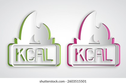 Paper cut Kcal icon isolated on isolated on grey background. Health food. Paper art style. Vector