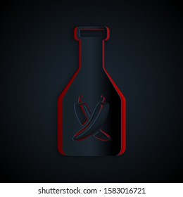 Paper cut Ketchup bottle icon isolated on black background. Hot chili pepper pod sign. Barbecue and BBQ grill symbol. Paper art style. Vector Illustration