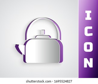 Paper cut Kettle with handle icon isolated on grey background. Teapot icon. Paper art style. Vector Illustration