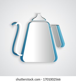 Paper cut Kettle with handle icon isolated on grey background. Teapot icon. Paper art style. Vector Illustration