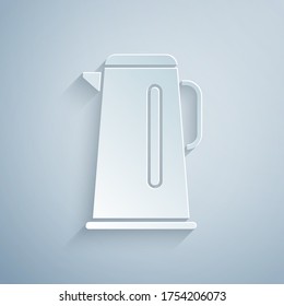 Paper cut Kettle with handle icon isolated on grey background. Teapot icon. Paper art style. Vector Illustration
