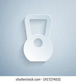 Paper cut Kettlebell icon isolated on grey background. Sport equipment. Paper art style. Vector.