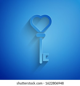 Paper cut Key in heart shape icon isolated on blue background. Paper art style. Vector Illustration