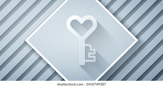 Paper cut Key in heart shape icon isolated on grey background. Happy Valentines day. Paper art style. Vector