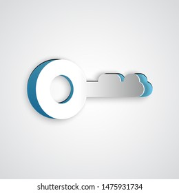 Paper cut Key icon isolated on grey background. Paper art style. Vector Illustration