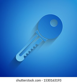 Paper cut Key icon isolated on blue background. Paper art style. Vector Illustration