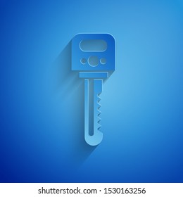 Paper cut Key icon isolated on blue background. Paper art style. Vector Illustration