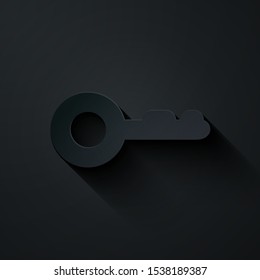 Paper cut Key icon isolated on black background. Paper art style. Vector Illustration