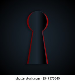 Paper cut Keyhole icon isolated on black background. Key of success solution. Keyhole express the concept of riddle, secret, safety, security. Paper art style. Vector Illustration