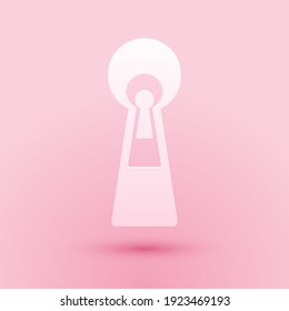 Paper cut Keyhole icon isolated on pink background. Key of success solution. Keyhole express the concept of riddle, secret, peeping, safety, security. Paper art style. Vector