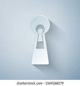 Paper cut Keyhole icon on grey background. Key of success solution, business concept. Keyhole express the concept of riddle, secret, peeping, safety, security. Paper art style. Vector Illustration
