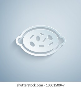 Paper cut Kheer in a bowl icon isolated on grey background. Traditional Indian food. Paper art style. Vector.