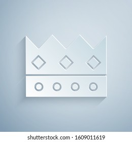 Paper cut King crown icon isolated on grey background. Paper art style. Vector Illustration