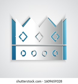 Paper cut King crown icon isolated on grey background. Paper art style. Vector Illustration