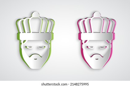 Paper cut King with crown icon isolated on grey background. Paper art style. Vector