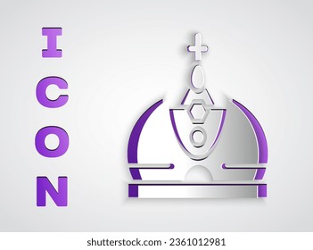 Paper cut King crown icon isolated on grey background. Paper art style. Vector