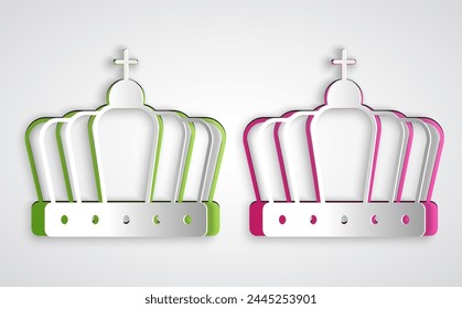 Paper cut King crown icon isolated on grey background. Paper art style. Vector