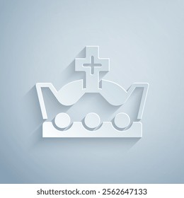 Paper cut King crown icon isolated on grey background. Paper art style. Vector