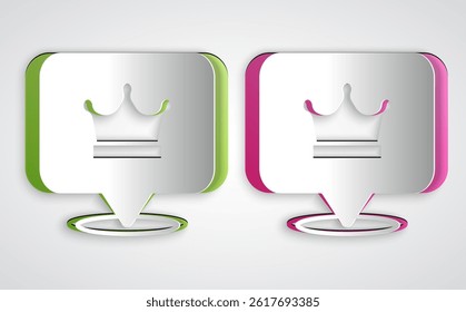 Paper cut King crown icon isolated on grey background. Paper art style. Vector