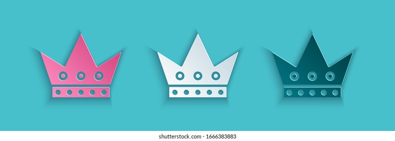 Paper cut King playing card icon isolated on blue background. Casino gambling. Paper art style. Vector Illustration
