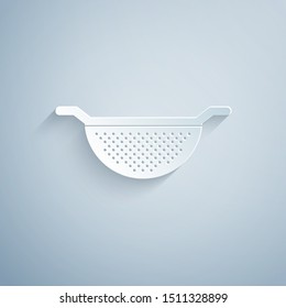 Paper cut Kitchen colander icon isolated on grey background. Cooking utensil. Cutlery sign. Paper art style. Vector Illustration