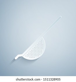 Paper cut Kitchen colander icon isolated on grey background. Cooking utensil. Cutlery sign. Paper art style. Vector Illustration