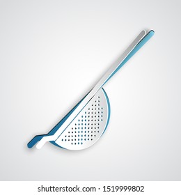 Paper cut Kitchen colander icon isolated on grey background. Cooking utensil. Cutlery sign. Paper art style. Vector Illustration