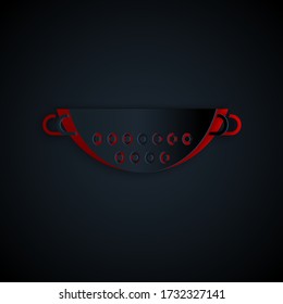 Paper cut Kitchen colander icon isolated on black background. Cooking utensil. Cutlery sign. Paper art style. Vector Illustration